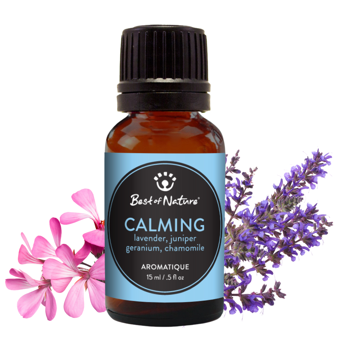 Bottle of 'Best of Nature' calming aromatique oil with flowers on a white background