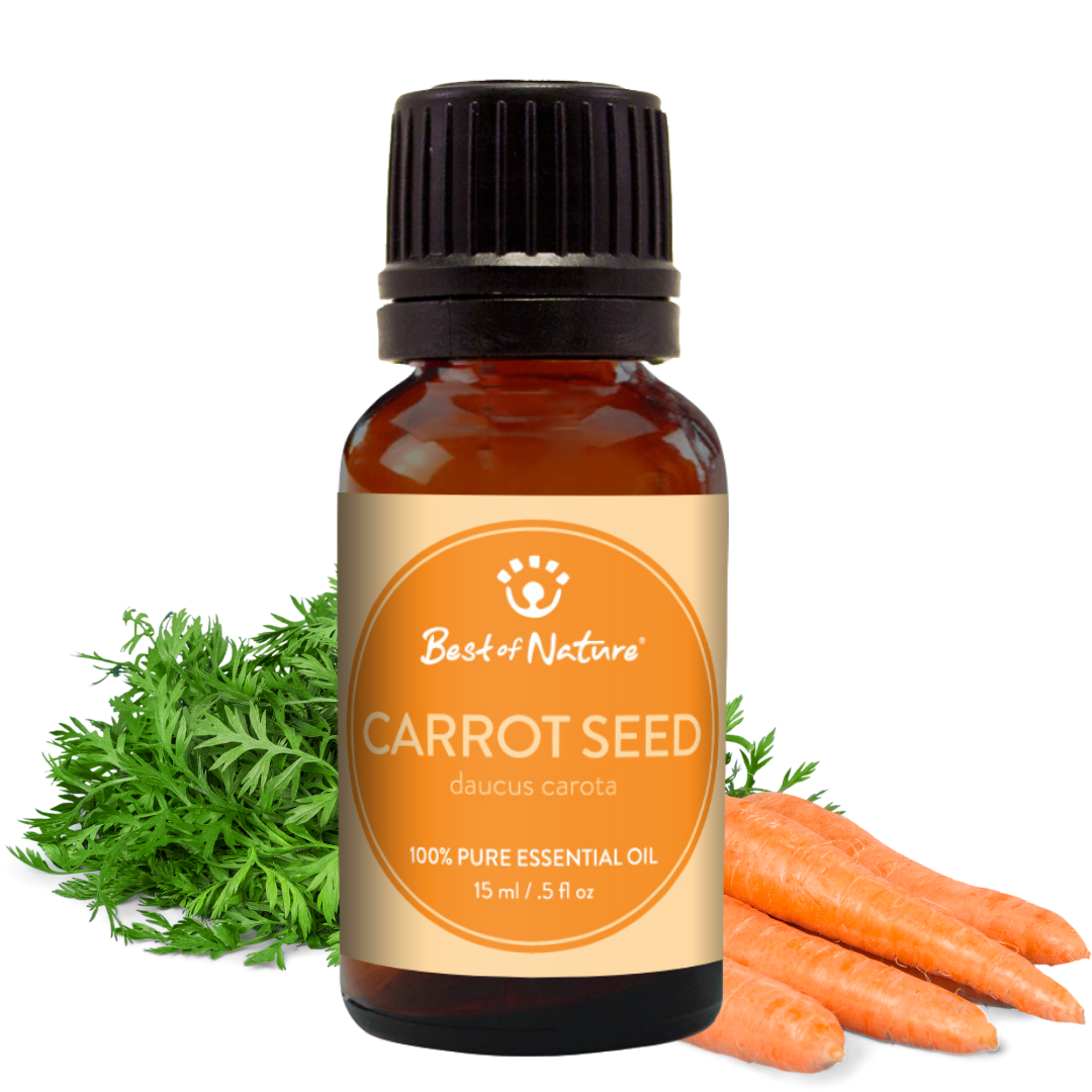 Bottle of Best of Nature Carrot Seed essential oil with carrots and carrot greens on a white background