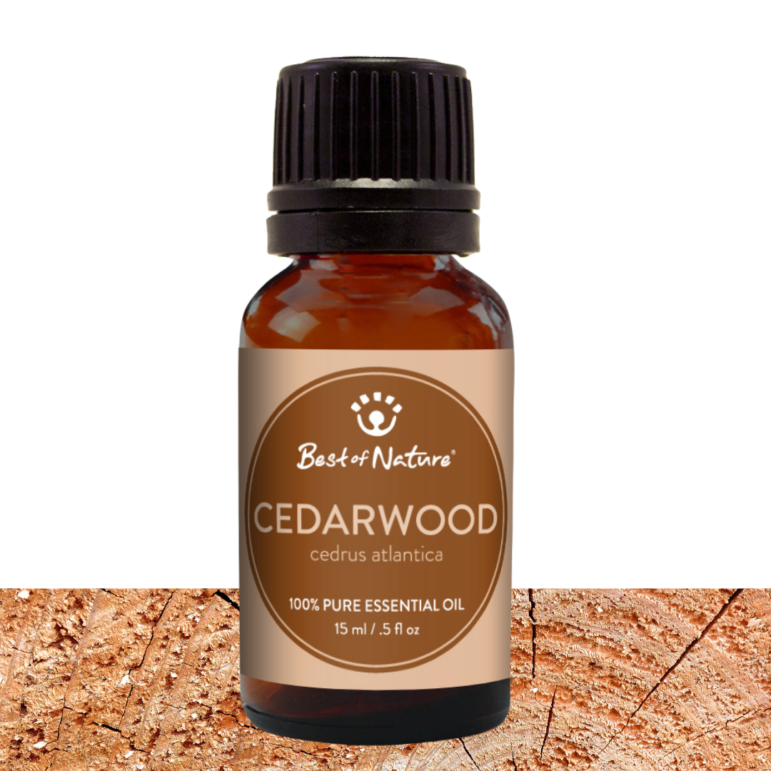 Bottle of Cedarwood essential oil with a brown label on a white background