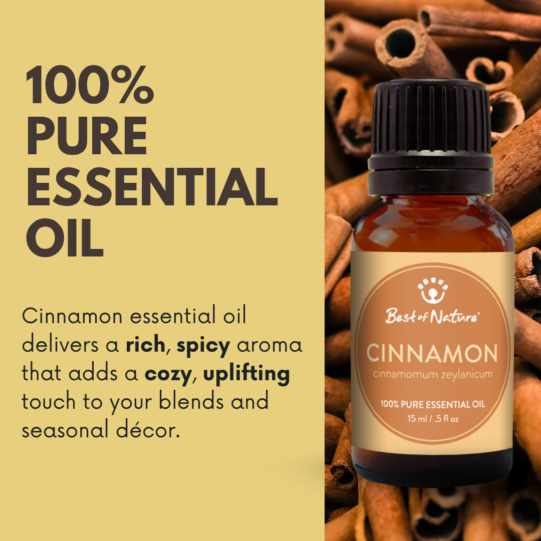 Cinnamon essential oil delivers a rich, spicy aroma that adds a cozy, uplifting touch to your blends and seasonal decor.