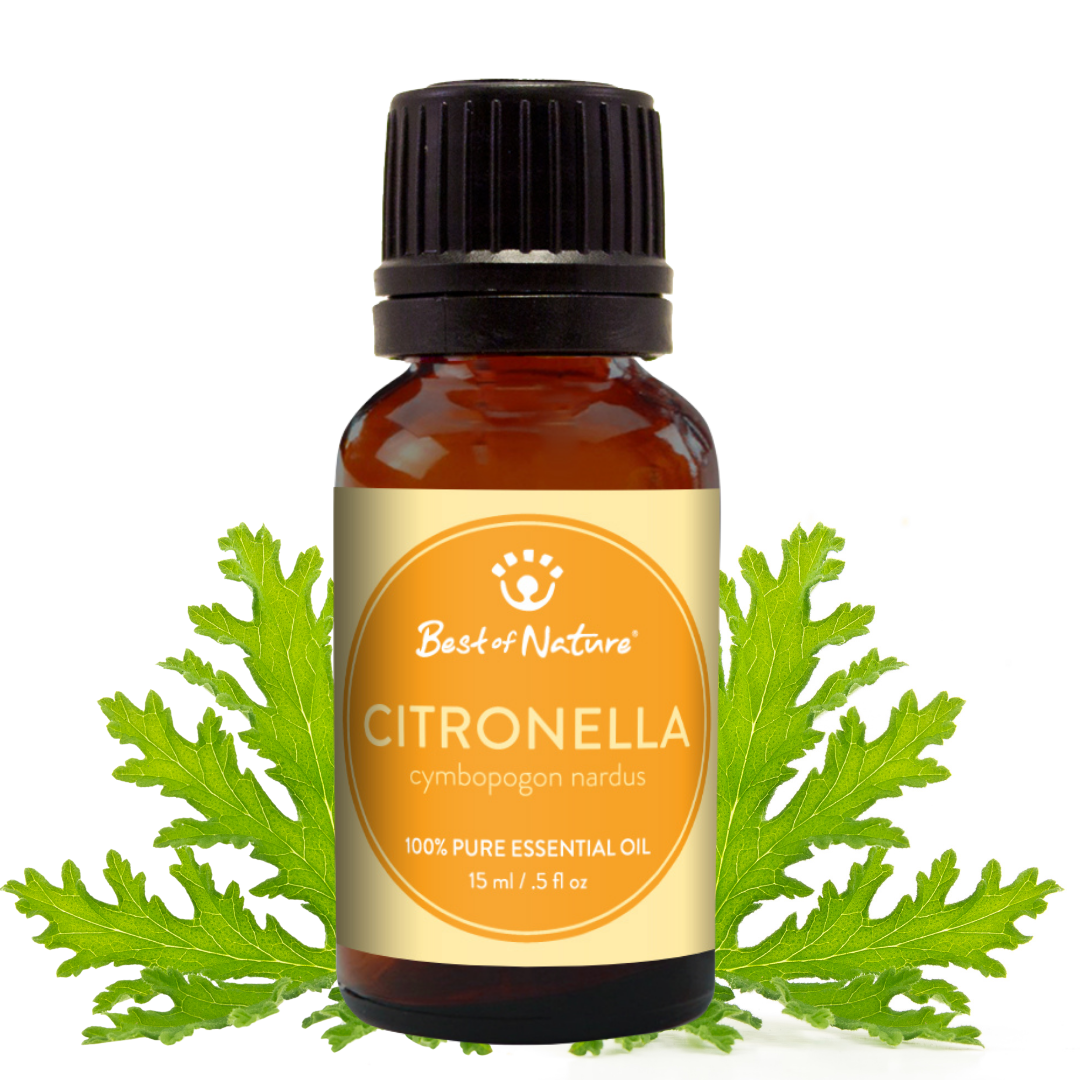 Bottle of Best of Nature Citronella essential oil with green leaves on a white background