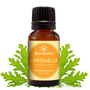 Bottle of Best of Nature Citronella essential oil with green leaves on a white background