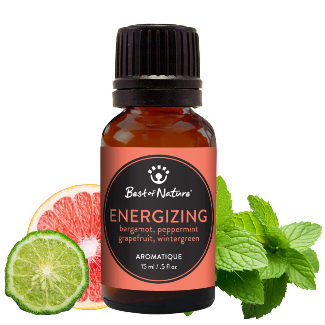 Bottle of 'Best of Nature' energizing aromatique with citrus and mint elements on a white background