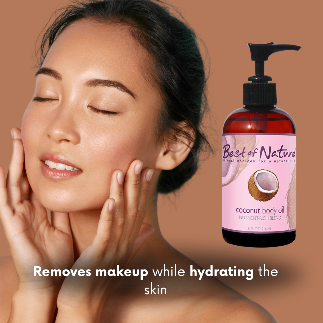 Woman using Best of Nature 100% Pure Fractionated Coconut Oil to gently remove makeup while hydrating and nourishing her sensitive skin.