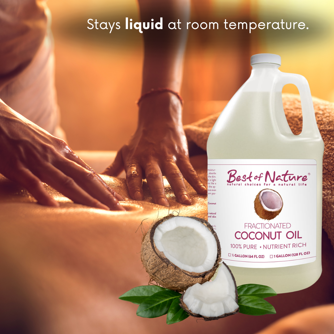 Best of Nature 100% Pure Fractionated Coconut Oil – ideal for massage, stays liquid at room temp, smooth glide, non-greasy, deeply moisturizing.