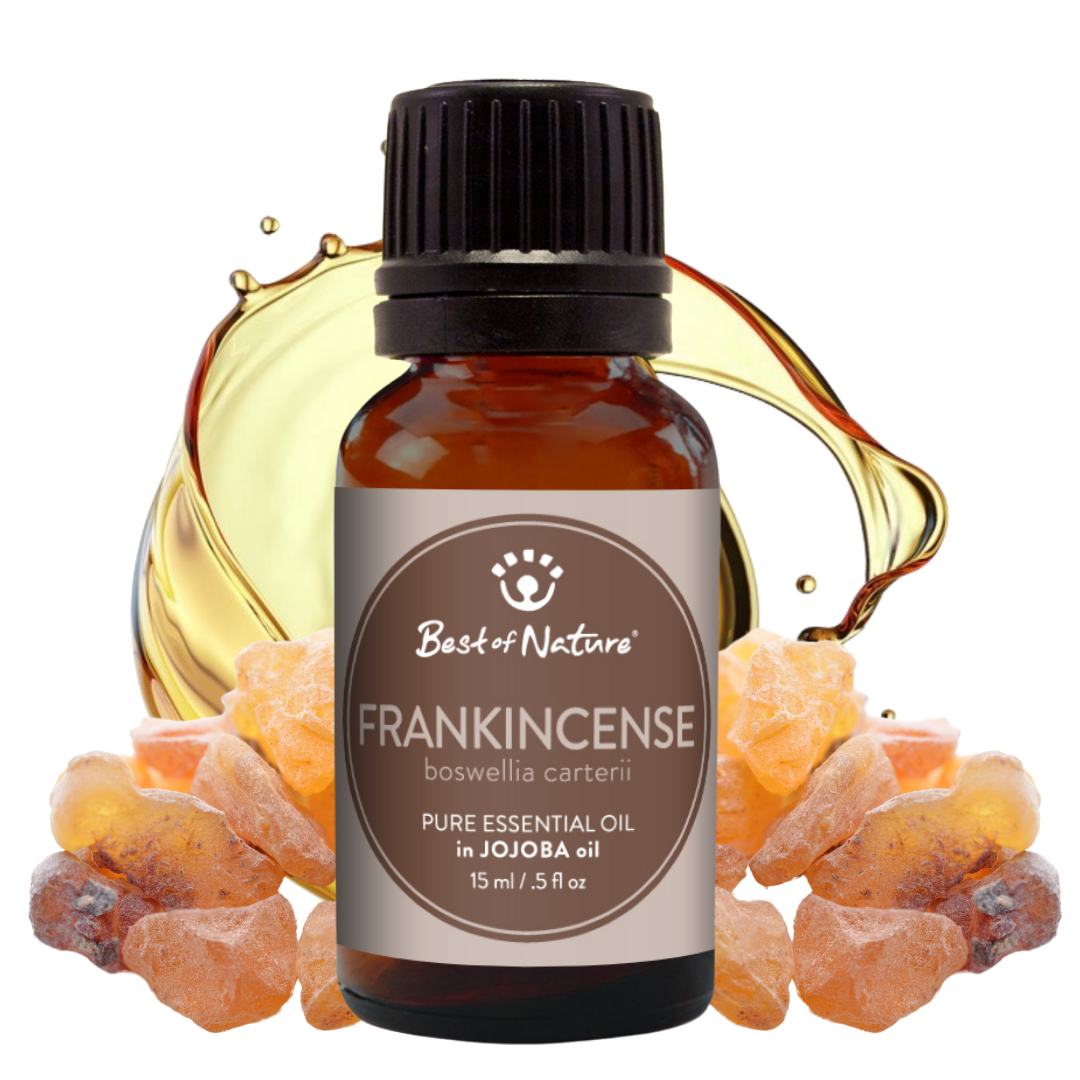 Bottle of Frankincense essential oil with frankincense resin on a white background