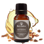 Bottle of Best of Nature Myrrh essential oil with myrrh resin on a white background