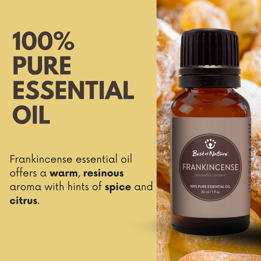 Pure frankincense essential oil offers a warm, resinous aroma with hints of spice and citrus.