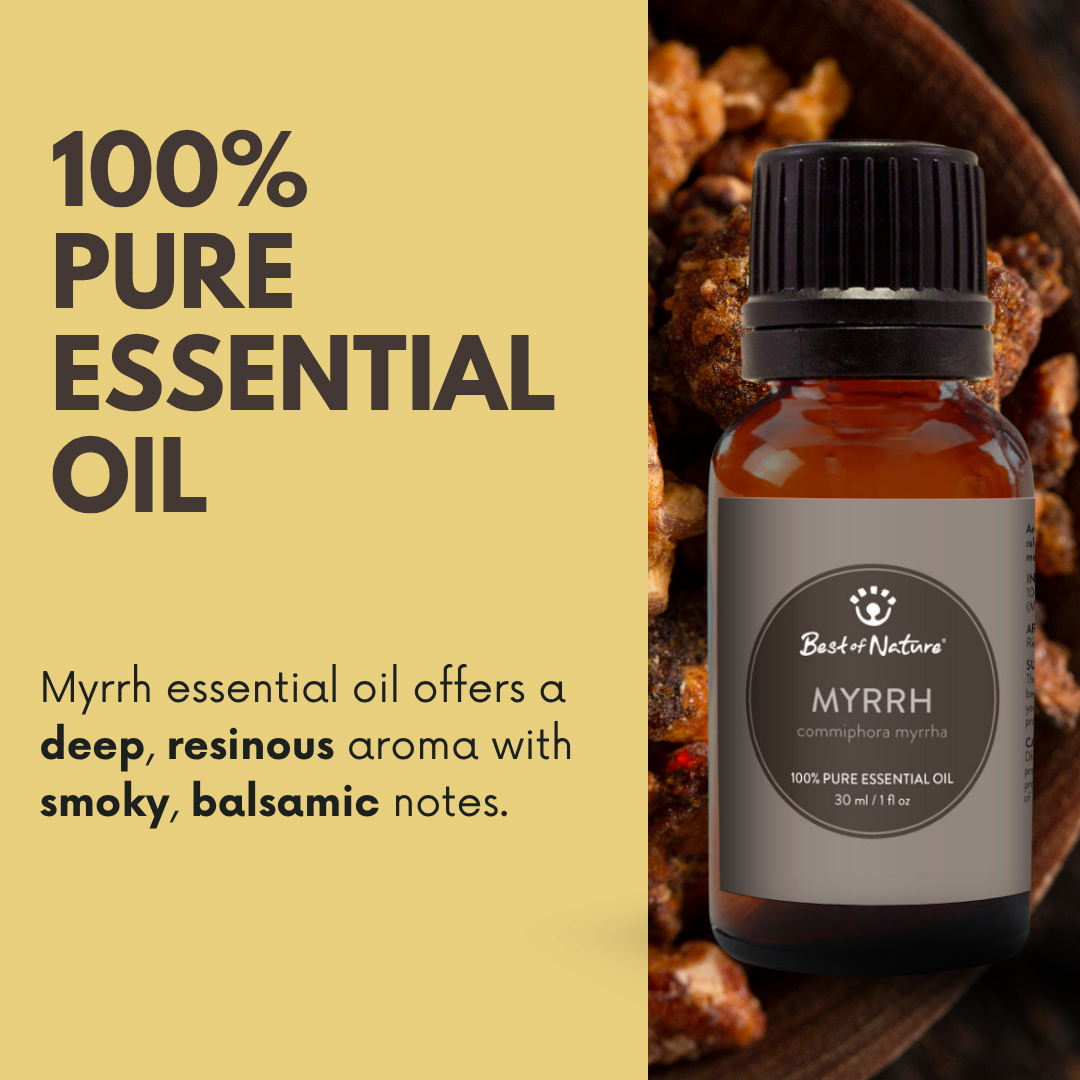 Myrrh essential oil offers a deep, resinous aroma with smoky, balsamic notes