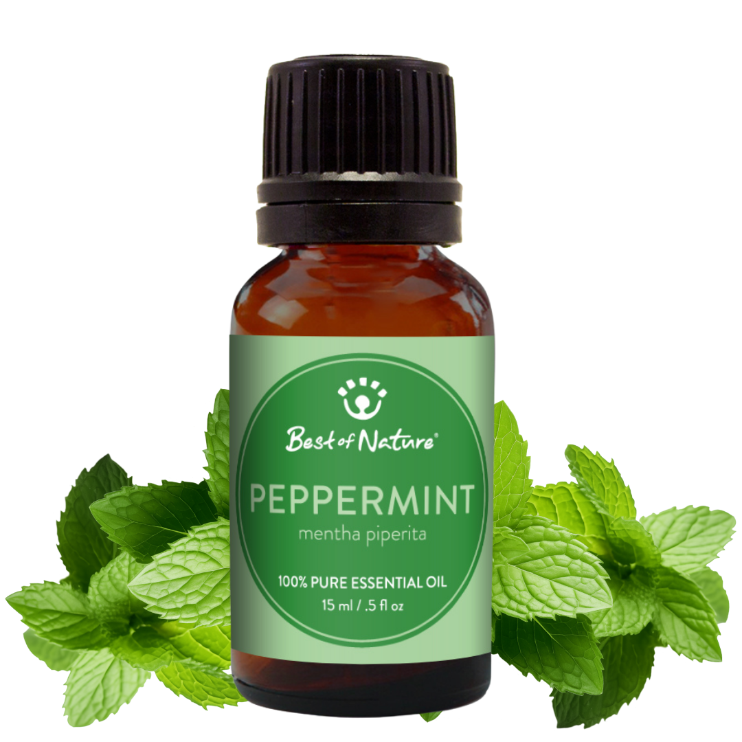 Bottle of peppermint essential oil with fresh mint leaves on a white background