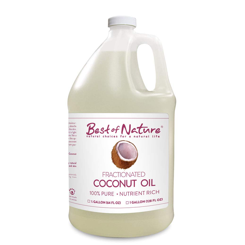 Pure Fractionated Liquid Coconut MCT Massage and Body Oil, half gallon jug and gallon bottle.