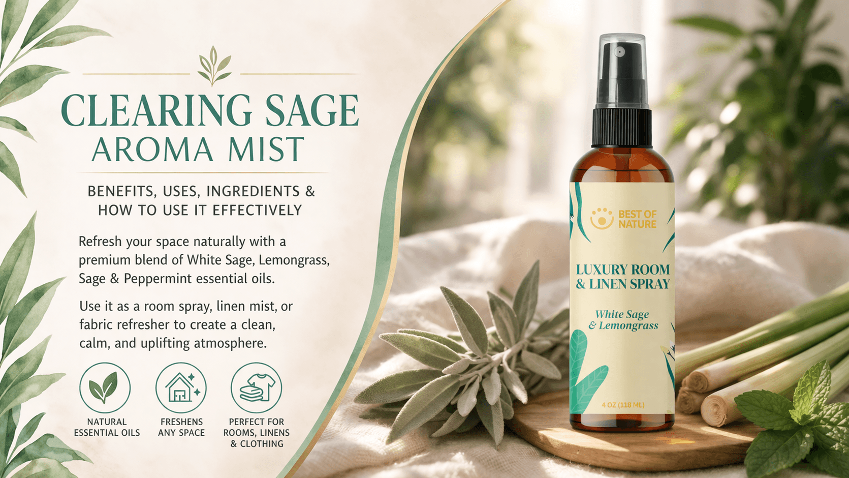 Best of Nature Clearing Sage & Lemongrass Aromatherapy Room Spray & Linen Mist