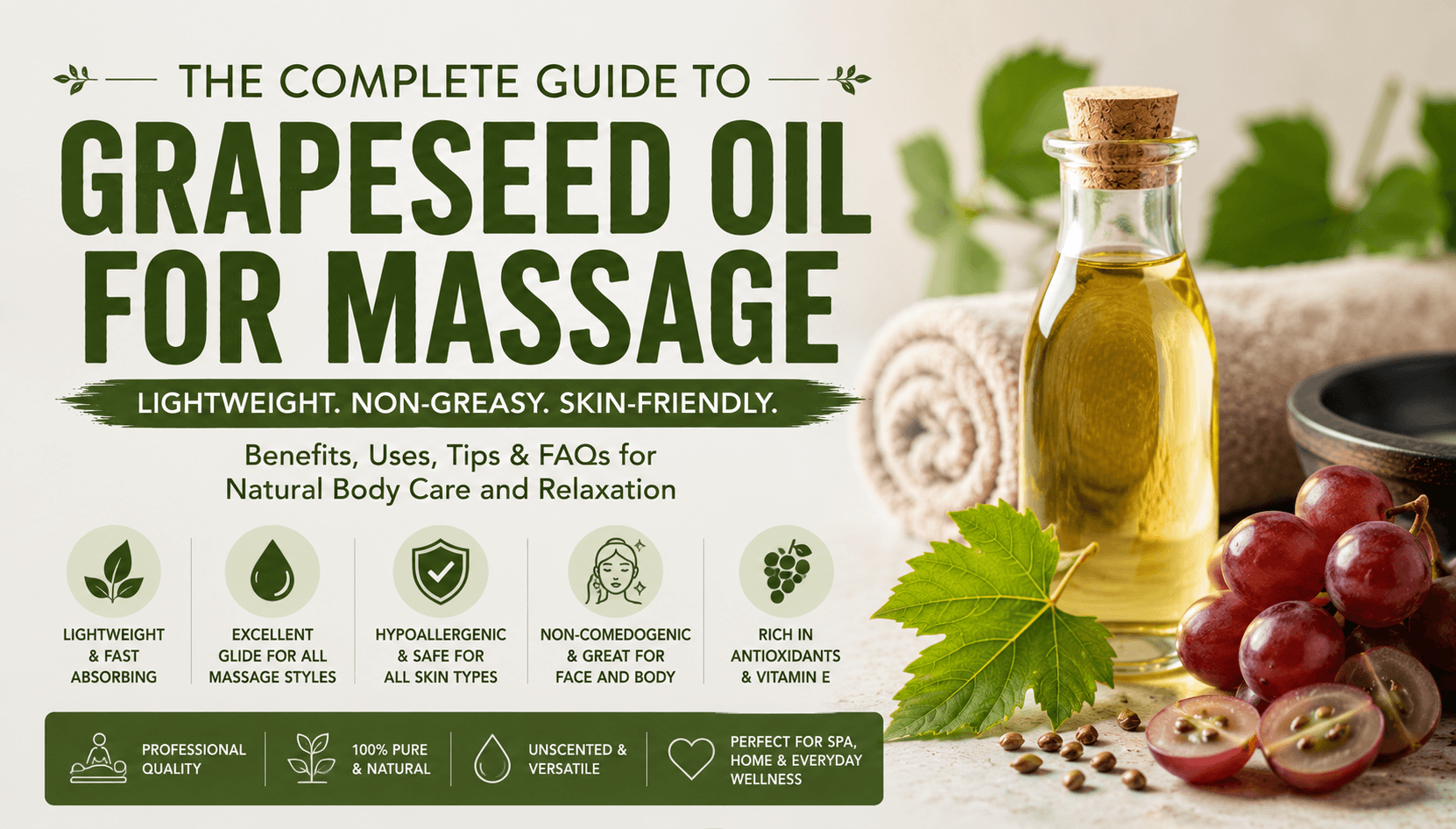 The Complete Guide To Grapeseed Oil For Massage, Body and Skin Care. Lightweight, Non Greasy.