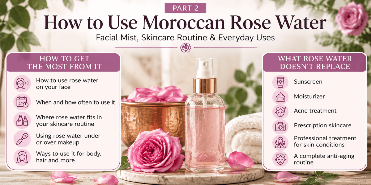 How to Use Moroccan Rose Water. Facial Mist, Skincare Routines & Everyday Applications.