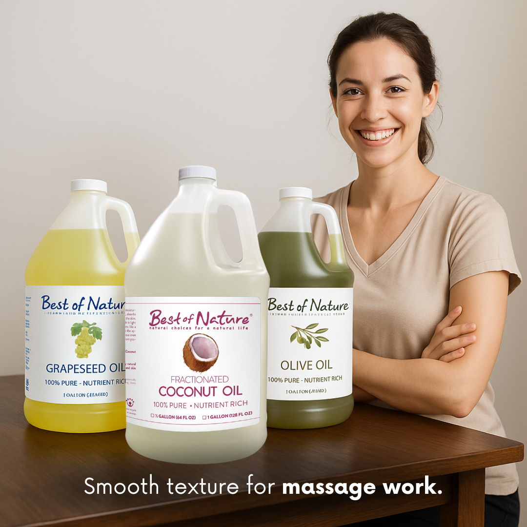 Massage therapist using Best of Nature Fractionated Coconut Oil with olive &amp; grapeseed oils for smooth texture, glide &amp; skin nourishment.