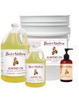 Pure Almond Massage and Body Oil: 8 ounce bottle, half gallon jug, gallon jug, and 5 gallon pail