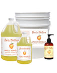 Apricot Kernel Massage and Body Oil 8 ounce pump bottle, half gallon jug, gallon jug, and 5 gallon pail