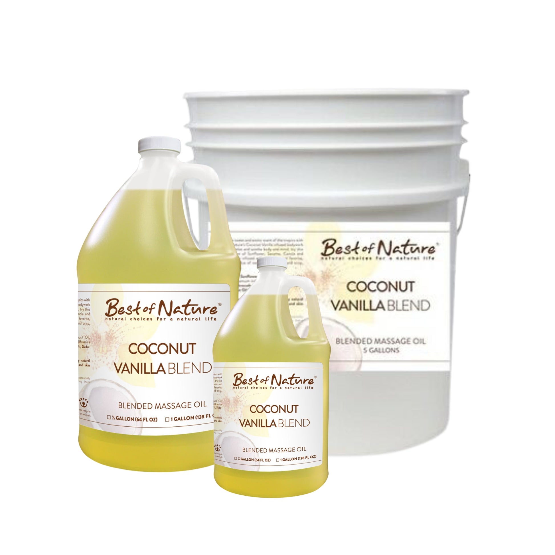 Coconut Vanilla Blend Massage and Body Oil half gallon jug, gallon jug, and 5 gallon pail