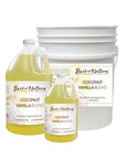 Coconut Vanilla Blend Massage and Body Oil half gallon jug, gallon jug, and 5 gallon pail