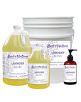 Lavender Blend Massage and Body Oil 8 ounce pump bottle, half gallon jug, gallon jug, and 5 gallon pail