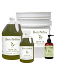 Pure Olive Massage and Body Oil 8 ounce pump bottle, half gallon jug, gallon jug, and 5 gallon pail