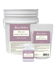 Relax Mineral Bath Salt 26 oz jar, 5 lb bag, and 30 lb pail