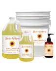 Pure Sunflower Massage and Body Oil 8 ounce pump bottle, half gallon jug, gallon jug, and 5 gallon pail