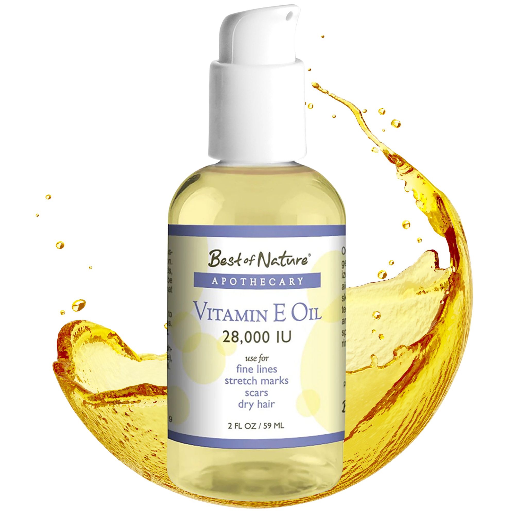 Bottle of Best of Nature Apothecary Vitamin E Oil with a splash of oil on a white background.