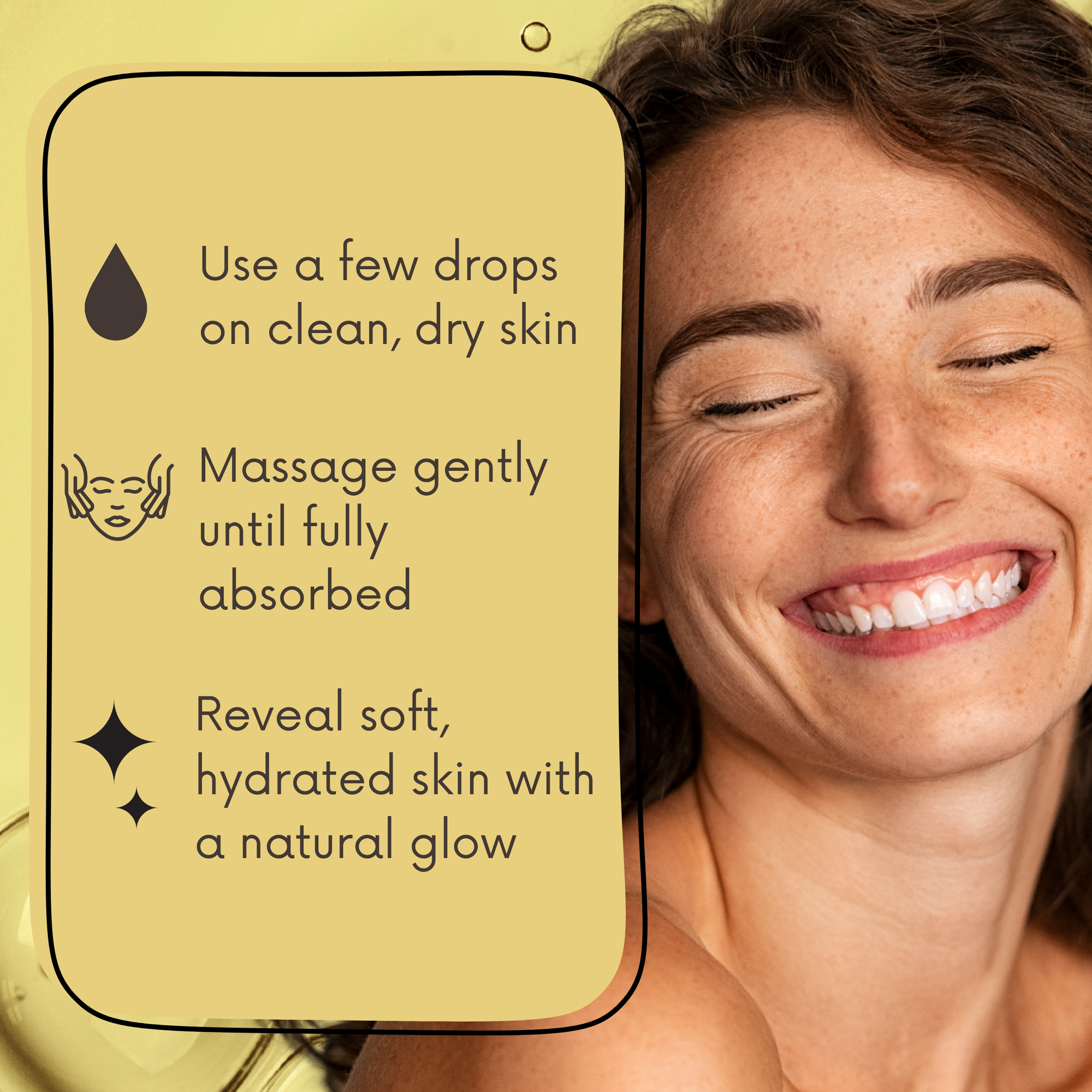 Woman with a natural glow on her skin next to a product card with skincare instructions.