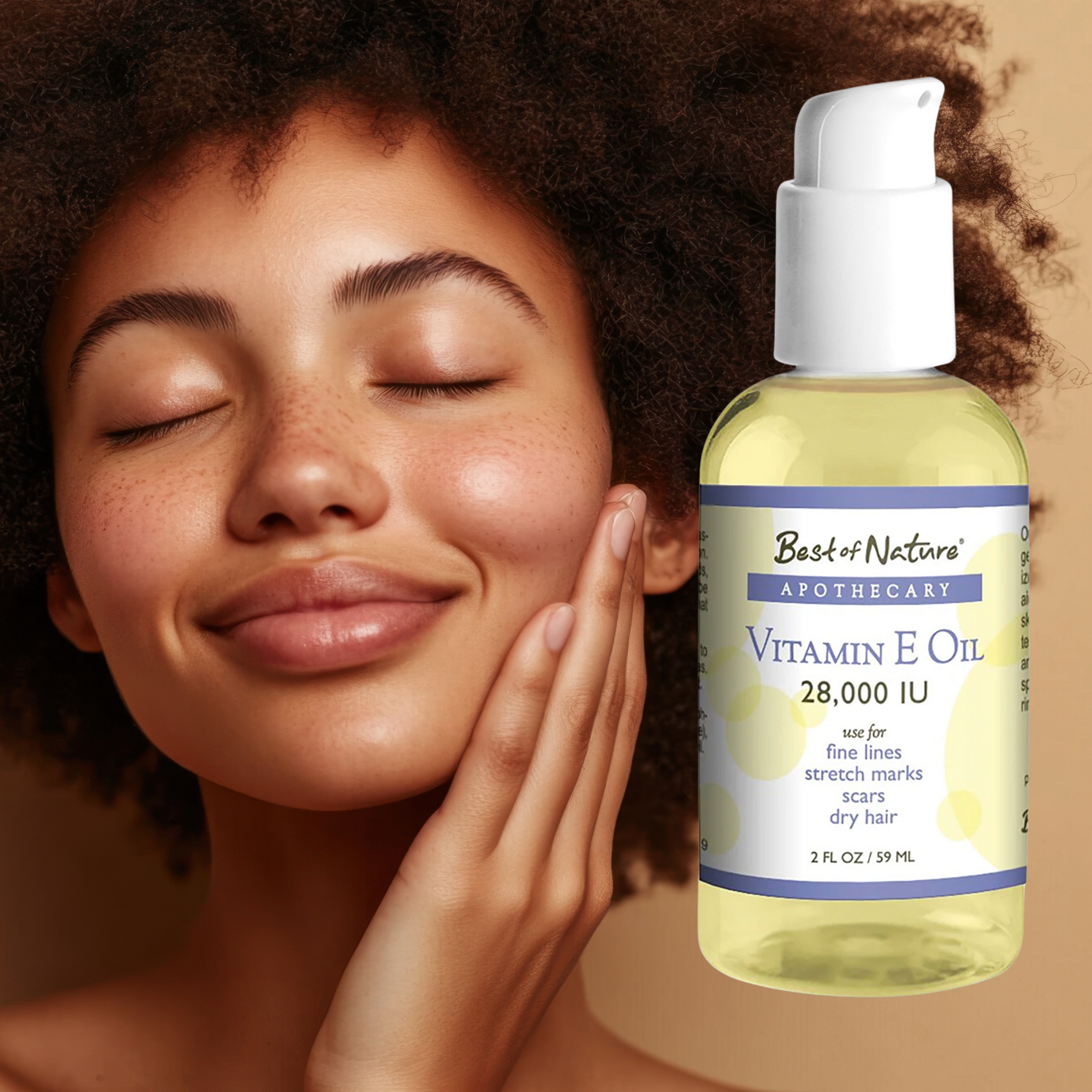 Woman touching her face with a bottle of Best of Nature Apothecary Vitamin E Oil. Her skin has a radiant, glowing tone.