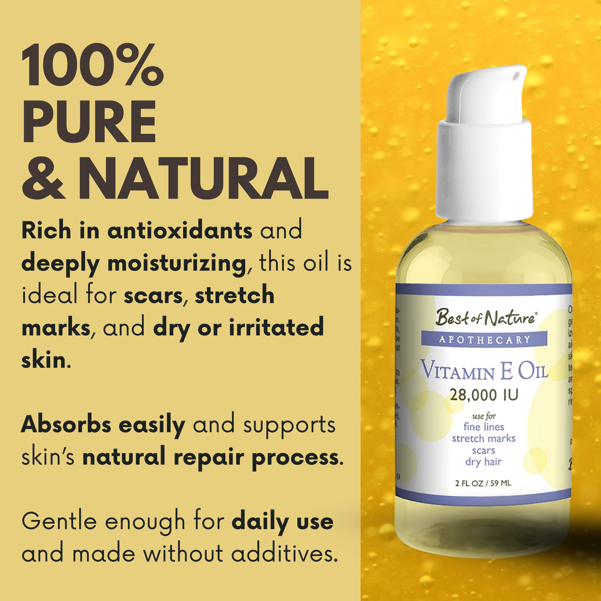Bottle of vitamin E oil with text highlighting its antioxidant benefits. Deeply moisturizing, ideal for scars, stretchmakrs, dry or irritated skin.