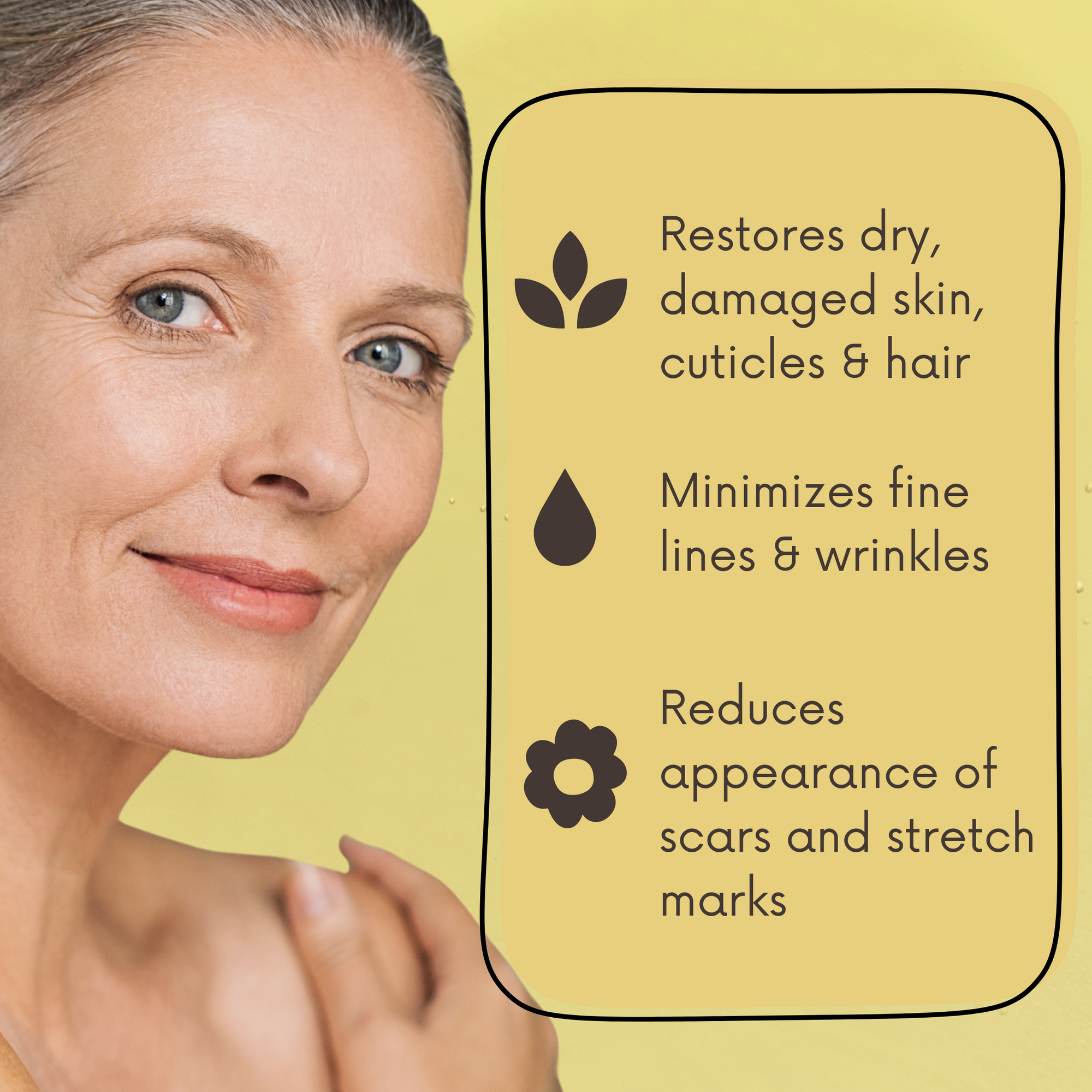 Older woman with glowing skin, showing benefits of oil for wrinkles, scars, stretch marks, and skin hydration.